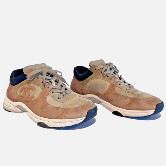 Chanel Pink and Tan Suede CC Sneakers - Picture 1 of 6